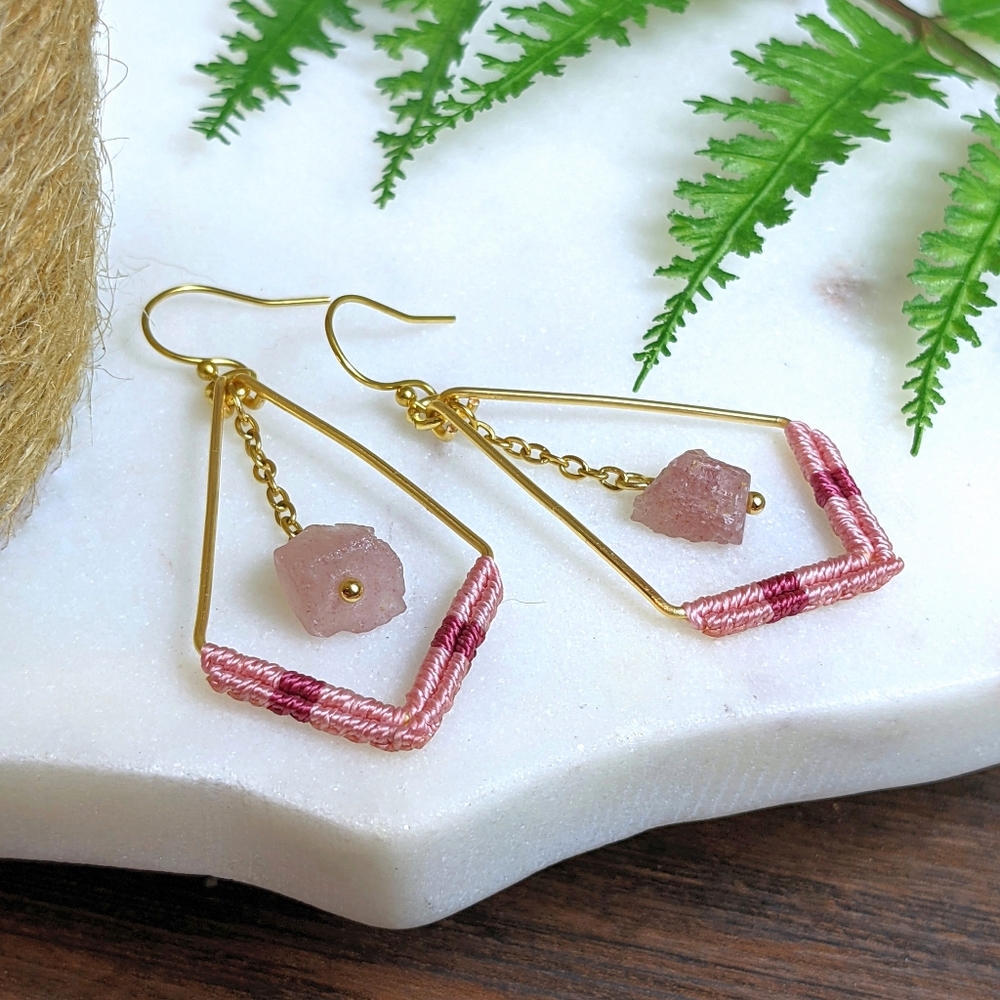 Quartz dangle earrings, gold boho earrings, pink accessories, macrame earrings